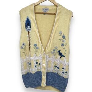 Vtg.‎ Koret Knit Sweater Vest Women's M Yellow Novelty Print Bird Floral Spring